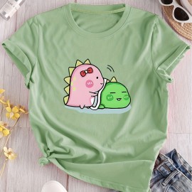 Cartoon Dinosaur Print Casual T-Shirt, Round Neck Short Sleeves Stretchy Versatile Sports Tee, Women's Tops