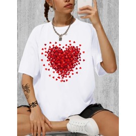 Women's Heart Print Crew Neck Short Sleeve Casual Sport T-Shirt