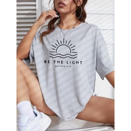 Sun Graphic Loose Sports Short Sleeves Top, Round Neck Running Casual T-shirt, Women's Activewear