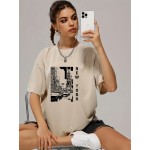 Retro Letter & City Street Print Pullover Shirt, Fashion Crew Neck Short Sleeve Tee, Women's Clothing