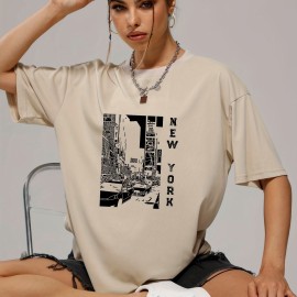 Retro Letter & City Street Print Pullover Shirt, Fashion Crew Neck Short Sleeve Tee, Women's Clothing