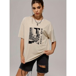 Retro Letter & City Street Print Pullover Shirt, Fashion Crew Neck Short Sleeve Tee, Women's Clothing