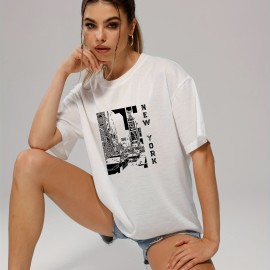 Retro Letter & City Street Print Pullover Shirt, Fashion Crew Neck Short Sleeve Tee, Women's Clothing