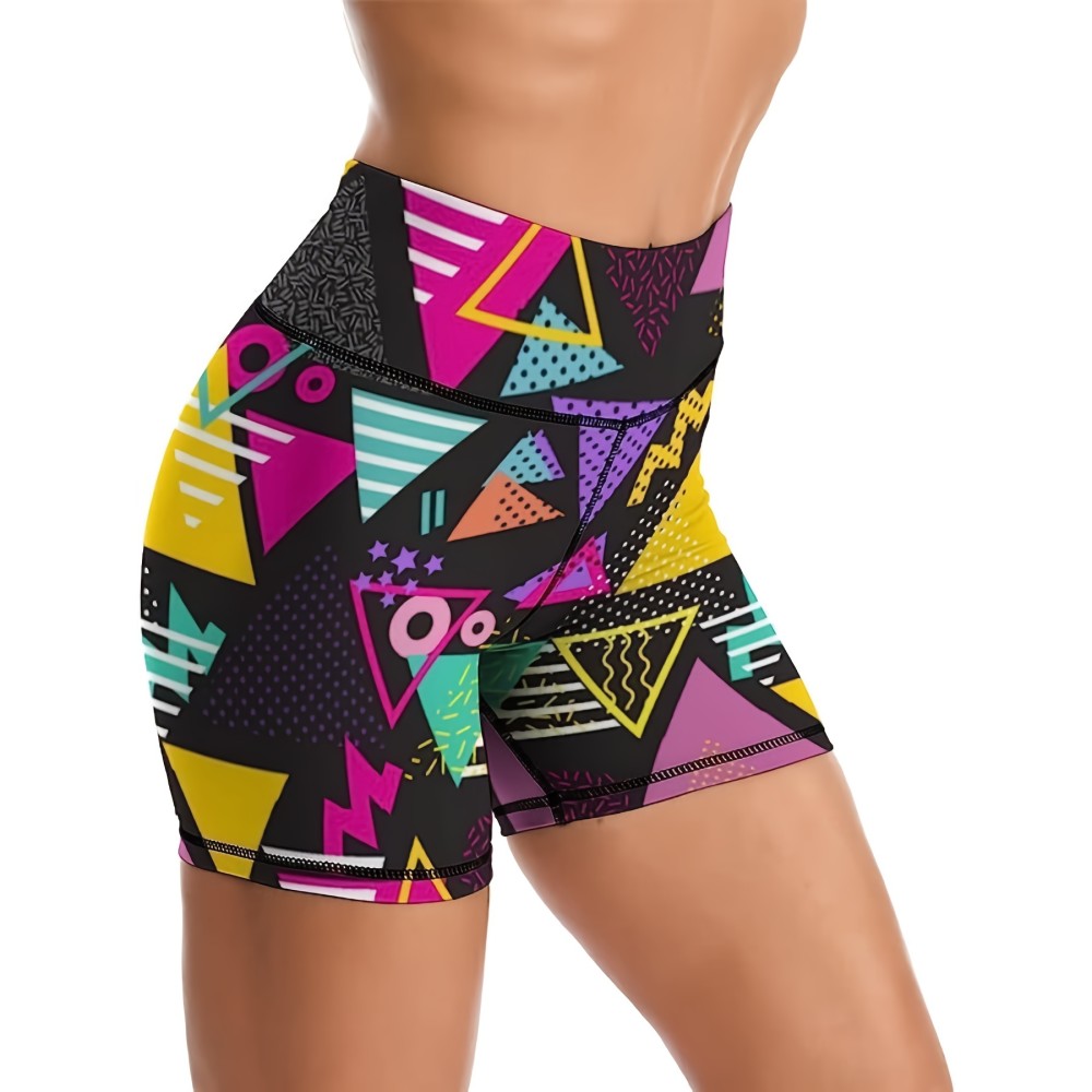 High Waist Tummy Control Geometric Pattern Yoga Fitness Shorts for Women - Activewear for Running and Cycling