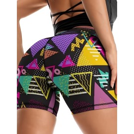 High Waist Tummy Control Geometric Pattern Yoga Fitness Shorts for Women - Activewear for Running and Cycling