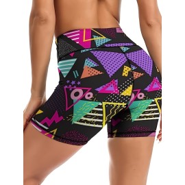 High Waist Tummy Control Geometric Pattern Yoga Fitness Shorts for Women - Activewear for Running and Cycling