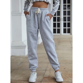 Women's Casual Fleece Elastic Waist Sweatpants - Comfortable Solid Color Drawstring Sports Pants