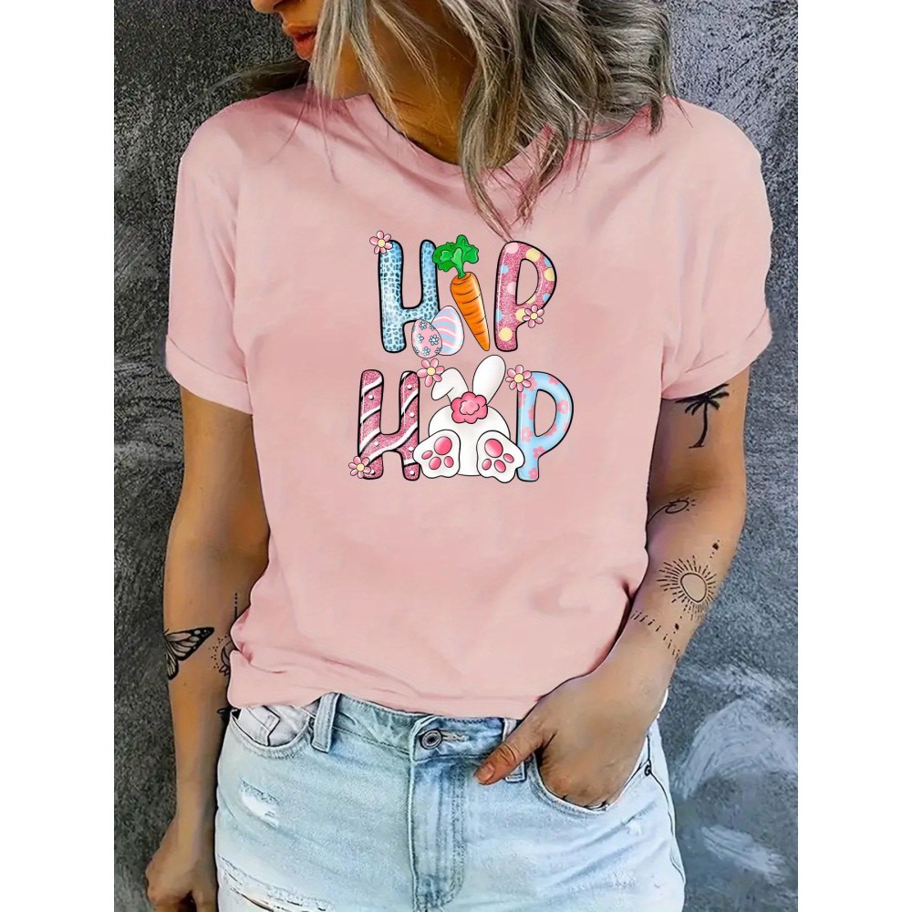 Easter Rabbit Print Round Neck Sports T-shirt, Short Sleeves Casual Workout Tops, Women's Activewear