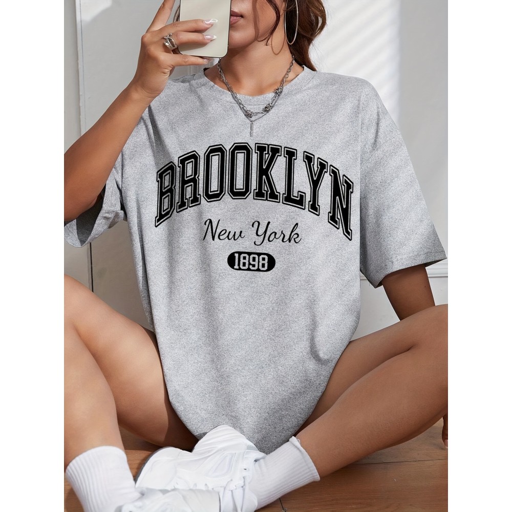 Letter & Number Print Casual T-Shirt, Short Sleeves Round Neck Loose Fit Sports Tee, Women's Sporty Tops