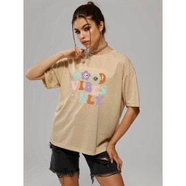 Women's Summer Tops - Smiling Face & Cartoon Flower Letter Print T-shirt