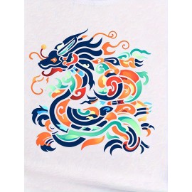 Colorful Chinese Dragon Print Casual T-Shirt, Round Neck Short Sleeves Comfy Sports Top, Women's Sporty Clothing