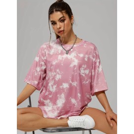 Full Tie Dye Crew Neck Sports T-shirts, Short Sleeve Loose Casual Summer Tee, Women's Tops