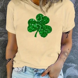 St. Patrick's Day Clover Pattern T-Shirt, Short Sleeve Crew Neck Casual Sports Tee, Women's Clothing