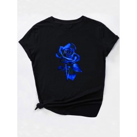 Valentine's Day Rose Print Casual Sports T-Shirt, Round Neck Short Sleeves Tee, Women's Activewear