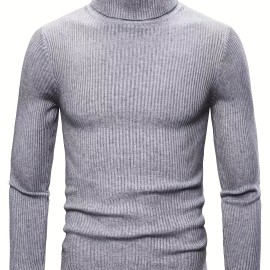 Turtle Neck Knitted Slim Fit Sweater, Men's Casual Warm Solid High Stretch Pullover Sweater For Fall Winter