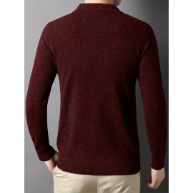 Solid Color Men's Stretch Comfy Knitted Long Sleeve Lapel Shirt, Men's Thin Spring Fall Sweater Pullover Top