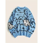 Cute Cats Pattern Knitted Sweater, Men's Casual Warm Slightly Stretch Crew Neck Pullover Sweater For Men Fall Winter