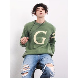 Men's ''G'' Pattern Sweater, Warm Trendy Knit Pullover