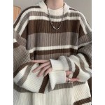 Men's Stylish Vintage Style Color Matching Knitted Pullover, Casual Breathable Long Sleeve Crew Neck Top For City Walk Street Hanging Outdoor Activities