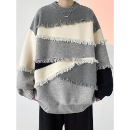 Men's Stylish Stripe Tassel Knitted Pullover, Casual Mid Stretch Breathable Long Sleeve Crew Neck Top For City Walk Street Hanging Outdoor Activities