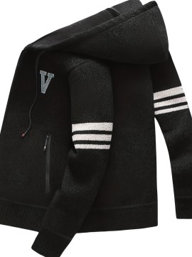 Men's Striped Fleece Hooded Cardigan, Casual Slightly Stretch Breathable Zip Up Thermal Jacket For Fall Winter Outdoor