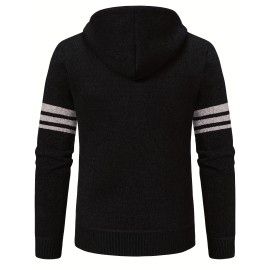 Men's Striped Fleece Hooded Cardigan, Casual Slightly Stretch Breathable Zip Up Thermal Jacket For Fall Winter Outdoor