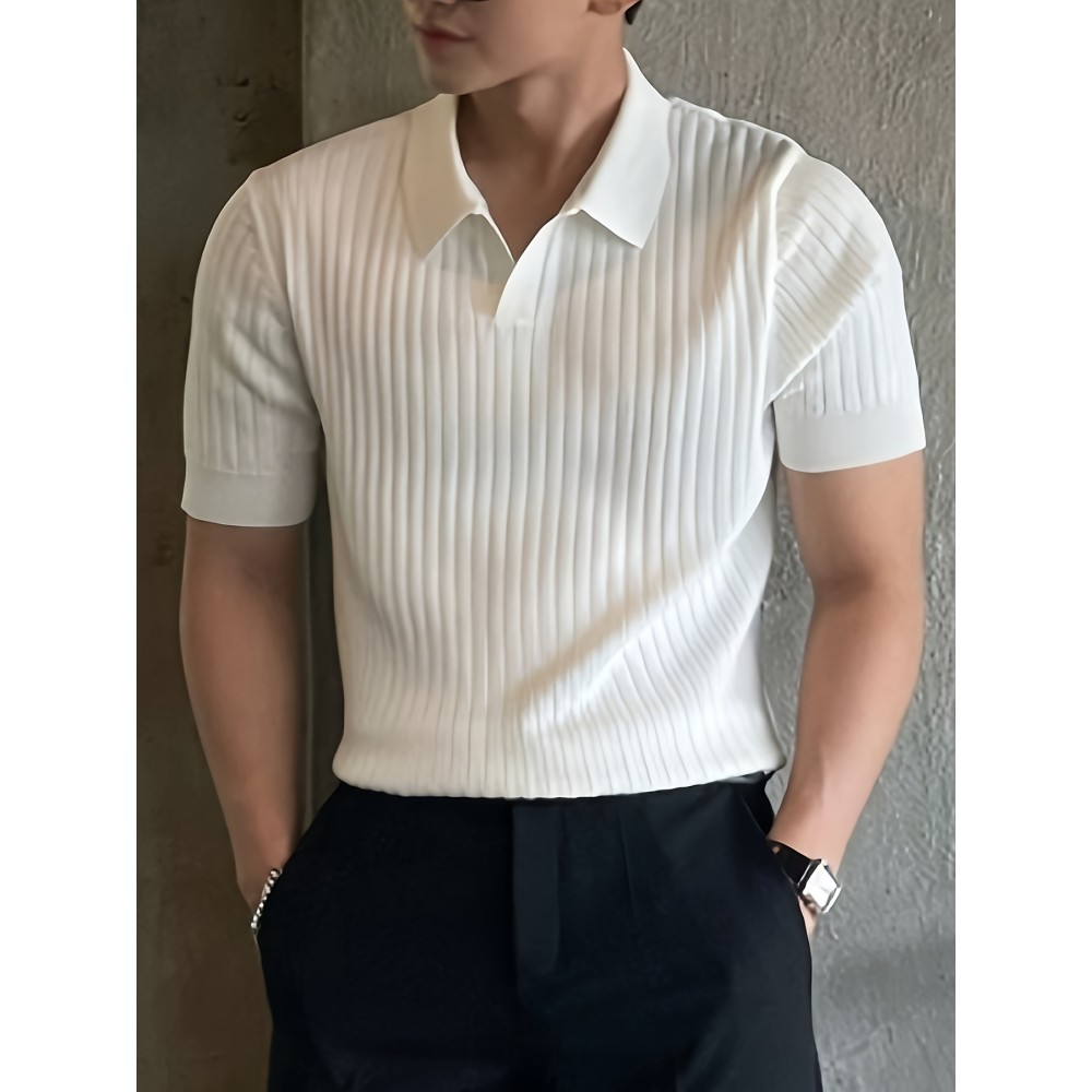 Men's Stripe Pattern Sweater, Casual Breathable Medium Stretch Short Sleeve Knitted Top For Summer