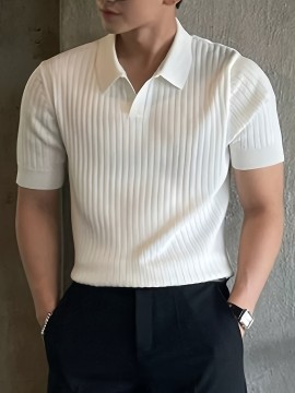 Men's Stripe Pattern Sweater, Casual Breathable Medium Stretch Short Sleeve Knitted Top For Summer