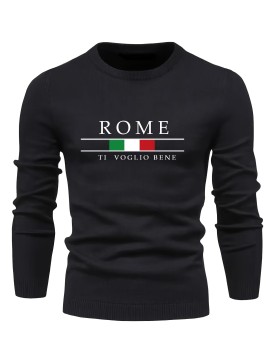 ROME Print Men's Casual Stretch Long Sleeve Knitted Round Neck Sweater, Spring Fall Pullover Top