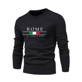 ROME Print Men's Casual Stretch Long Sleeve Knitted Round Neck Sweater, Spring Fall Pullover Top