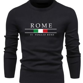 ROME Print Men's Casual Stretch Long Sleeve Knitted Round Neck Sweater, Spring Fall Pullover Top