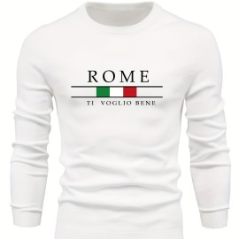 ROME Print Men's Casual Stretch Long Sleeve Knitted Round Neck Sweater, Spring Fall Pullover Top