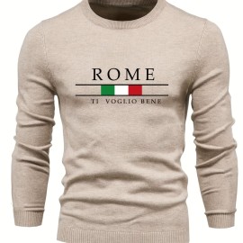 ROME Print Men's Casual Stretch Long Sleeve Knitted Round Neck Sweater, Spring Fall Pullover Top