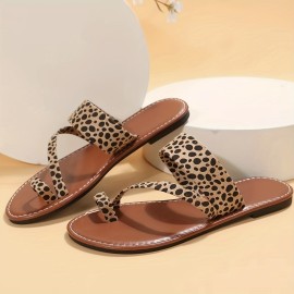 Leopard Printed Flat Slides - Non Slip Open Toe Sandals for Women