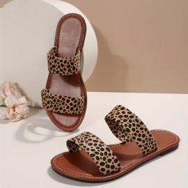 Women's Leopard Print Slide Sandals - Trendy Double Strap Flat Outdoor Shoes - Lightweight Slip On Beach Shoes - Stylish and Comfortable Footwear for Summer Outings