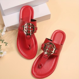 Women's Metallic Buckle Decor Flip Slops, Slip On Lightweight Soft Sole Casual Slides, Summer Beach Slides