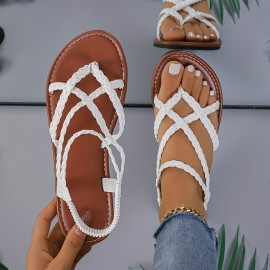 Women's Braided Thong Sandals - Lightweight Casual Elastic Strap Flat Summer Beach Shoes