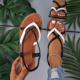 Women's Braided Thong Sandals - Lightweight Casual Elastic Strap Flat Summer Beach Shoes