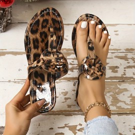 Women's Leopard Pattern Slide Sandals, Fashion Clip Toe Flat Summer Shoes, Casual Outside Beach Flip Flops