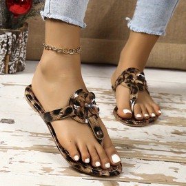 Women's Leopard Pattern Slide Sandals, Fashion Clip Toe Flat Summer Shoes, Casual Outside Beach Flip Flops