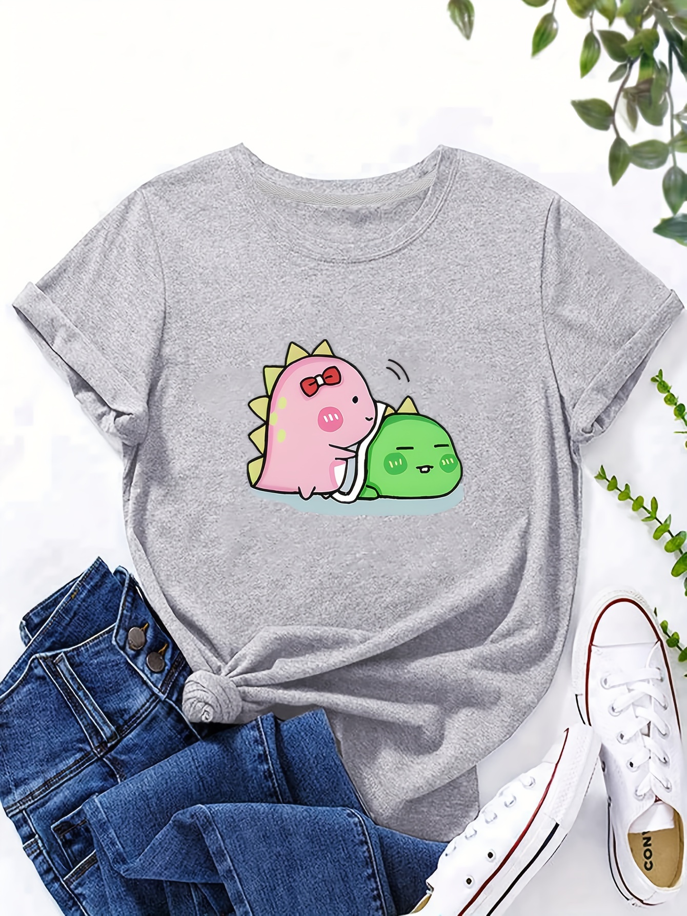 cartoon dinosaur print casual t shirt round neck short sleeves stretchy versatile sports tee womens tops details 25