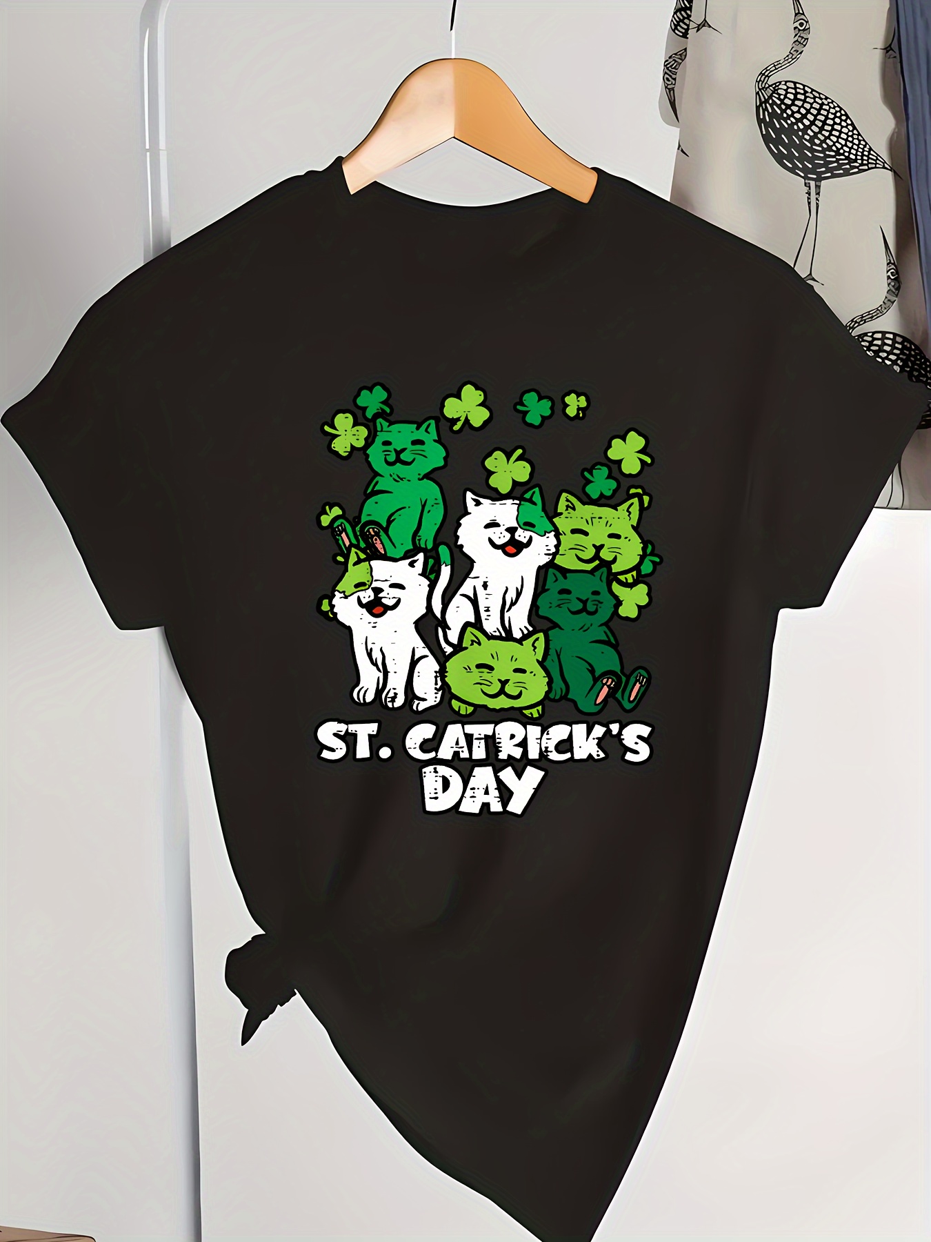 st patricks day clover and cat print sports t shirt round neck short sleeves running fitness tops womens activewear details 0