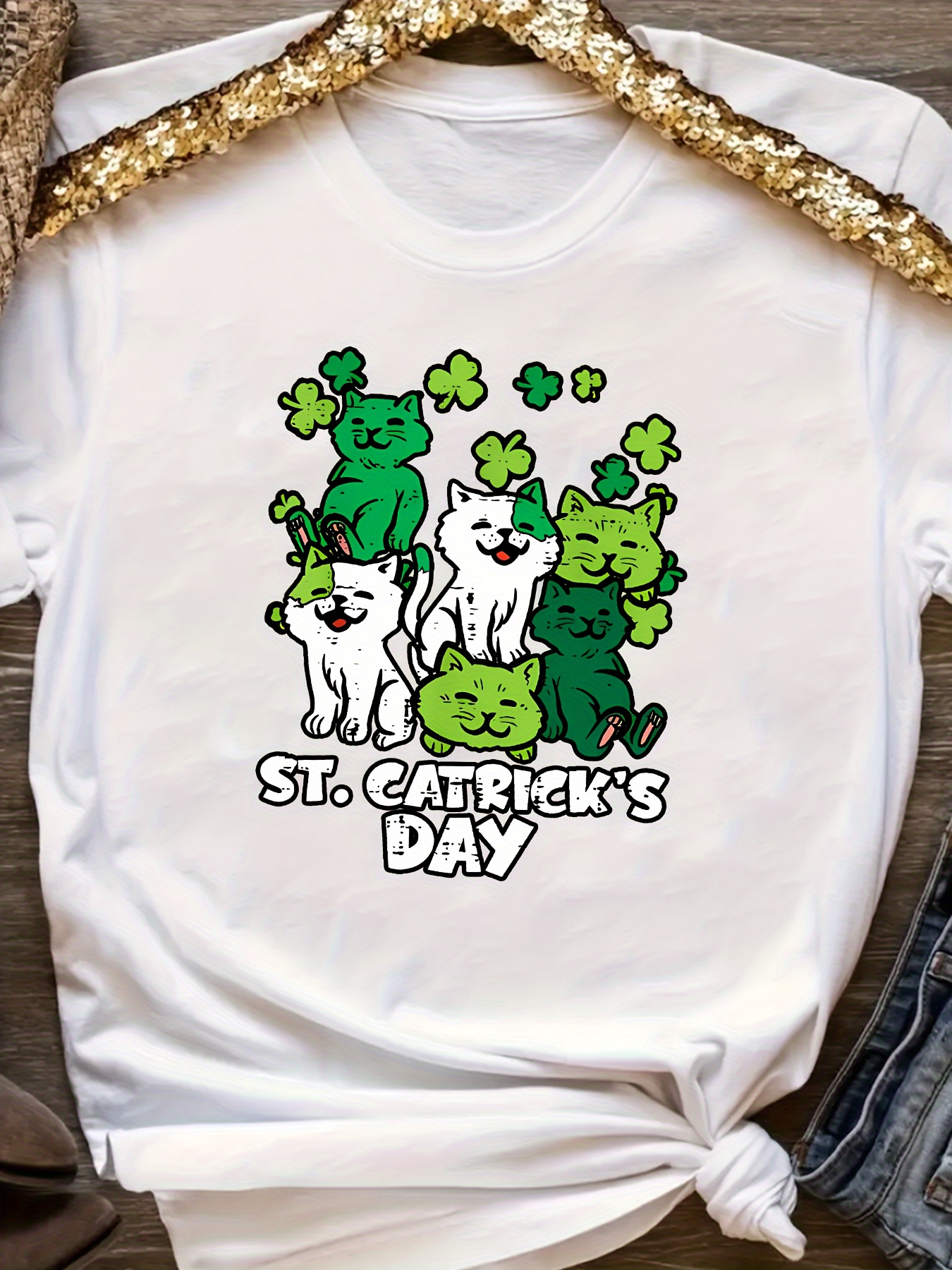 st patricks day clover and cat print sports t shirt round neck short sleeves running fitness tops womens activewear details 5