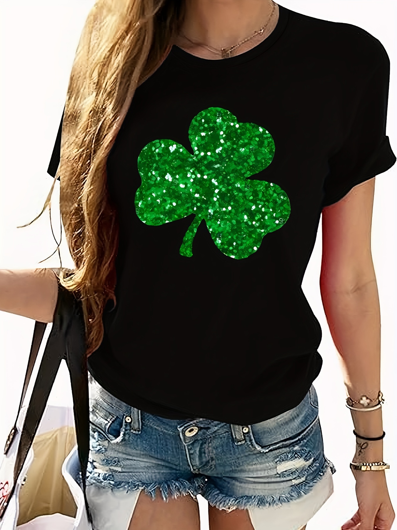 clover pattern casual t shirt round neck short sleeves stretchy sports tee st patricks day womens clothing details 0