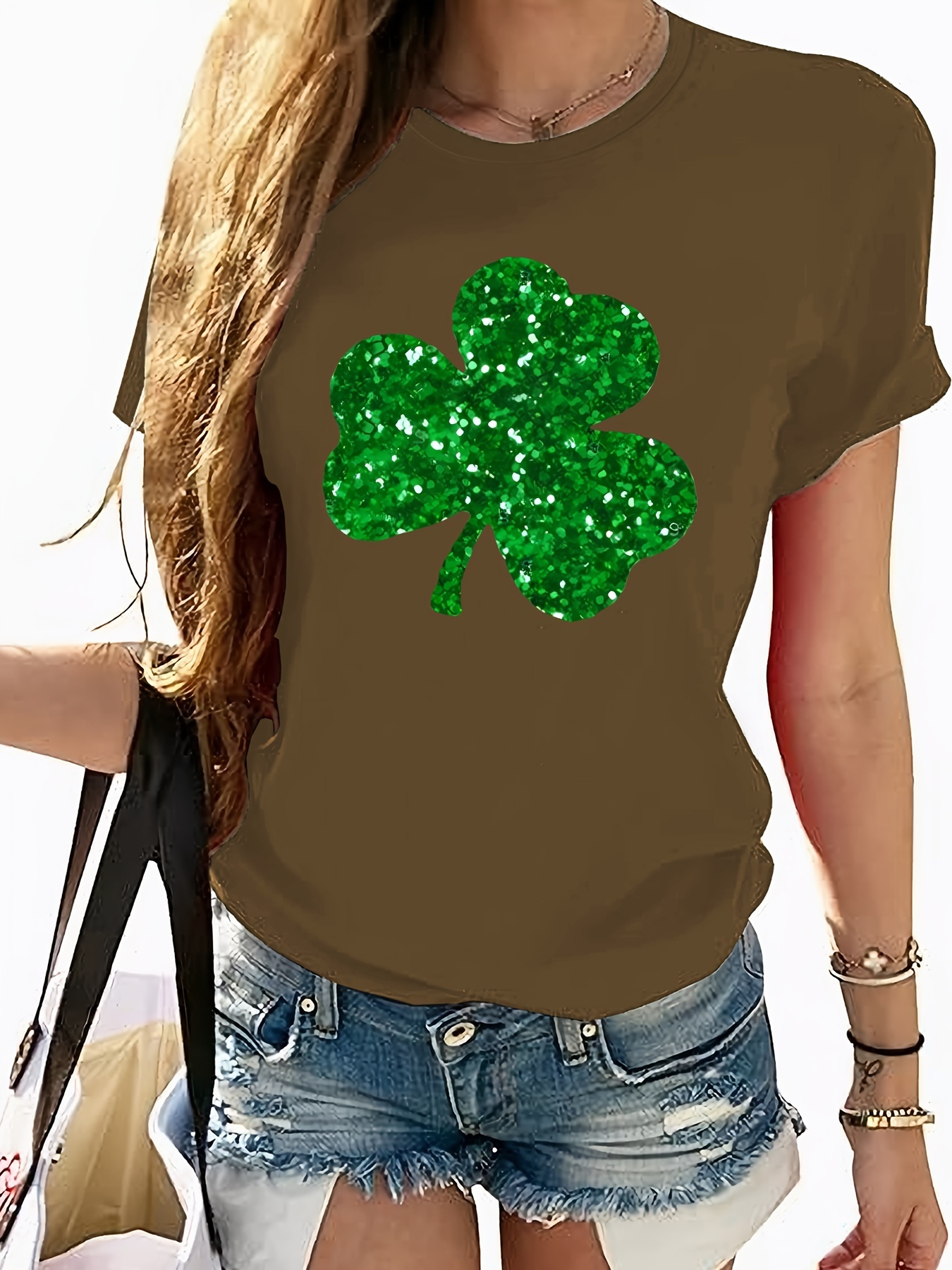 clover pattern casual t shirt round neck short sleeves stretchy sports tee st patricks day womens clothing details 6