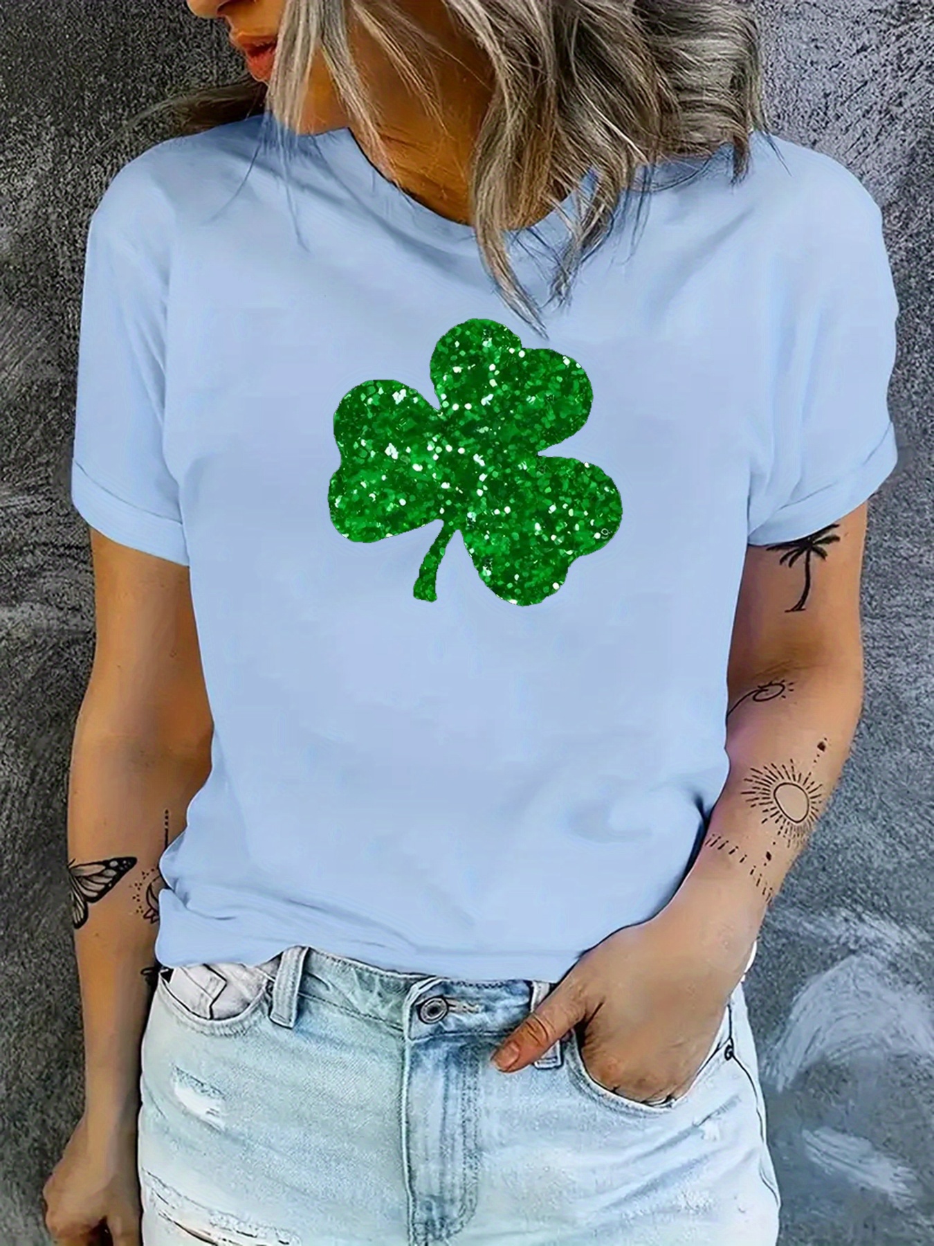 st patricks day clover pattern t shirt short sleeve crew neck casual sports tee womens clothing details 0