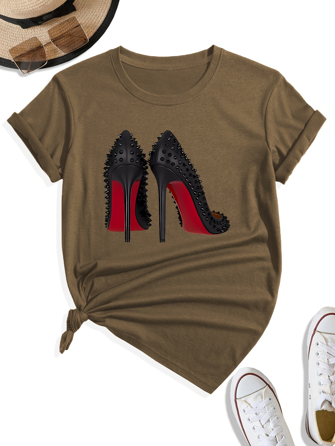 high heels print casual t shirt round neck short sleeves sports tee womens comfy tops details 6