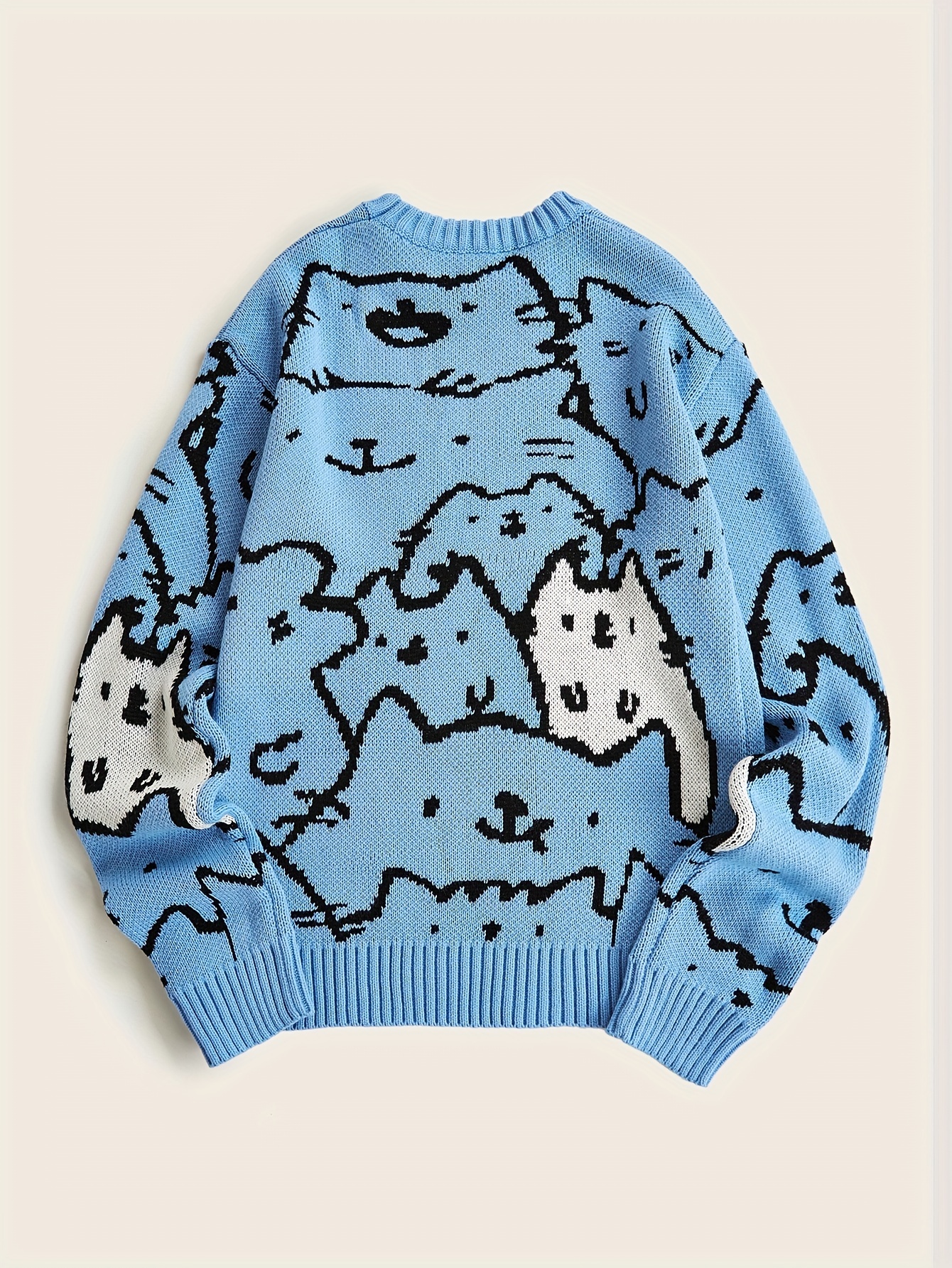 cute cats pattern knitted sweater mens casual warm slightly stretch crew neck pullover sweater for men fall winter details 3