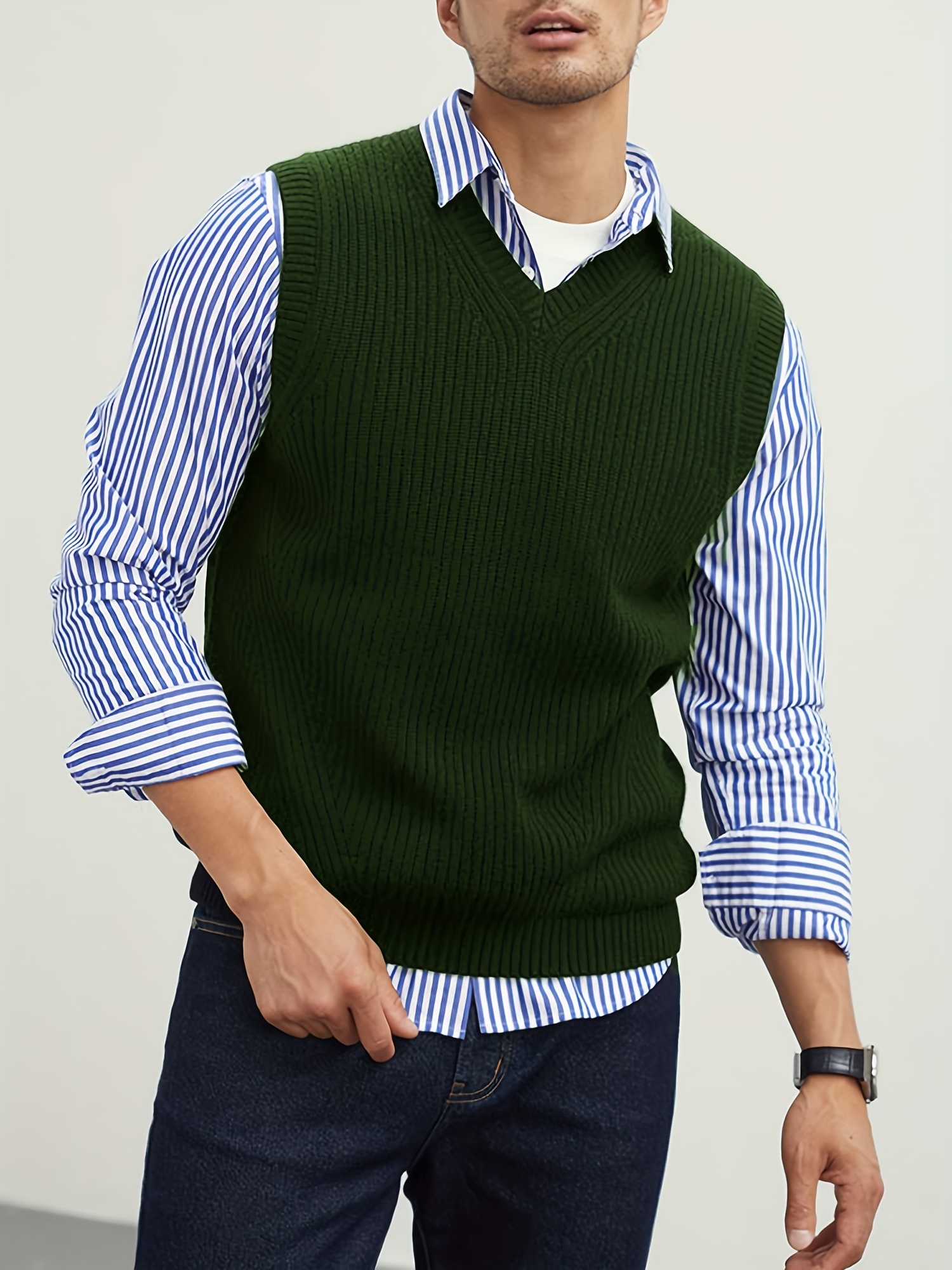 mens v neck sweater vest pullover solid color sleeveless sweaters vest preppy style details 0