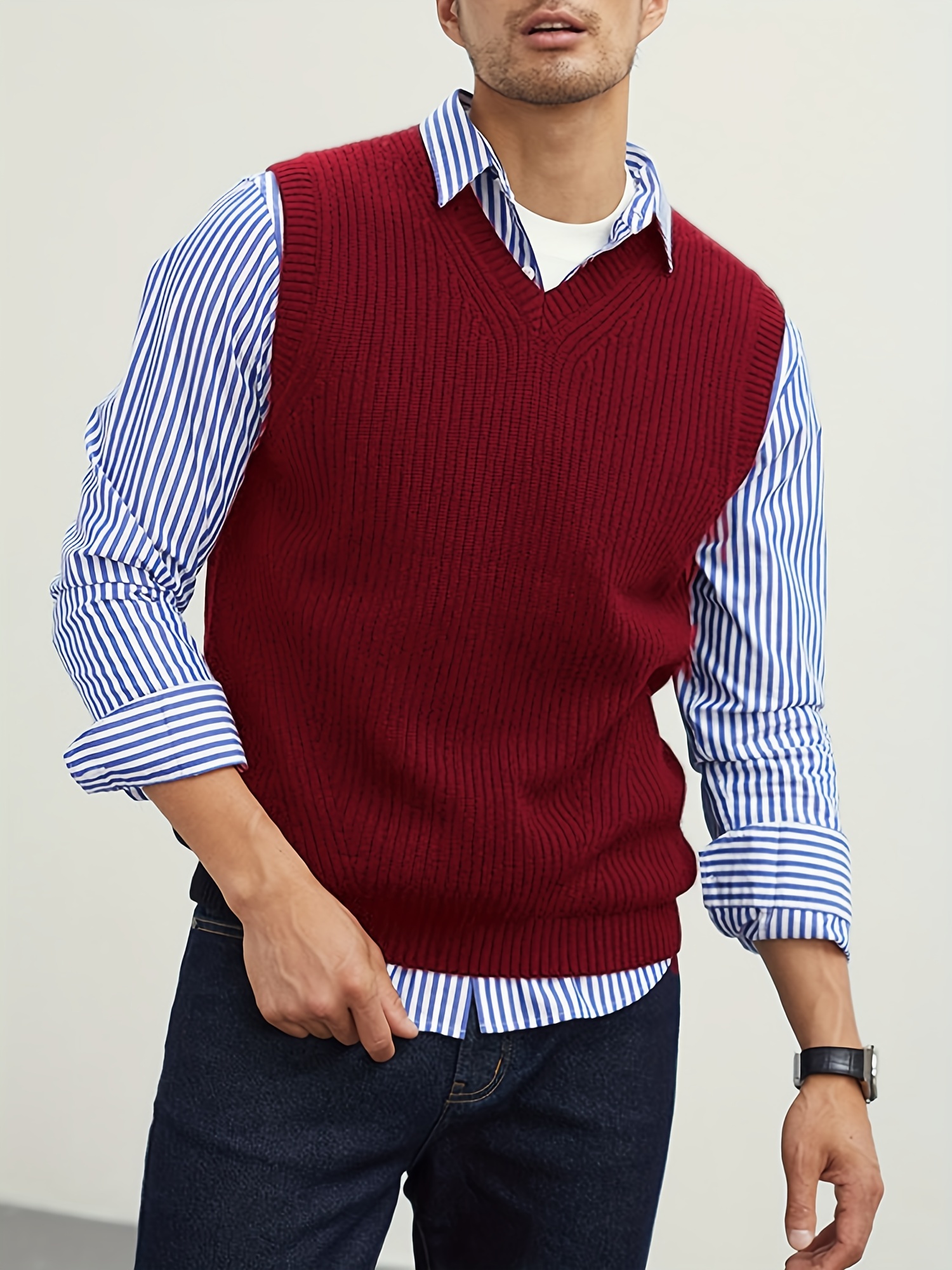 mens v neck sweater vest pullover solid color sleeveless sweaters vest preppy style details 12